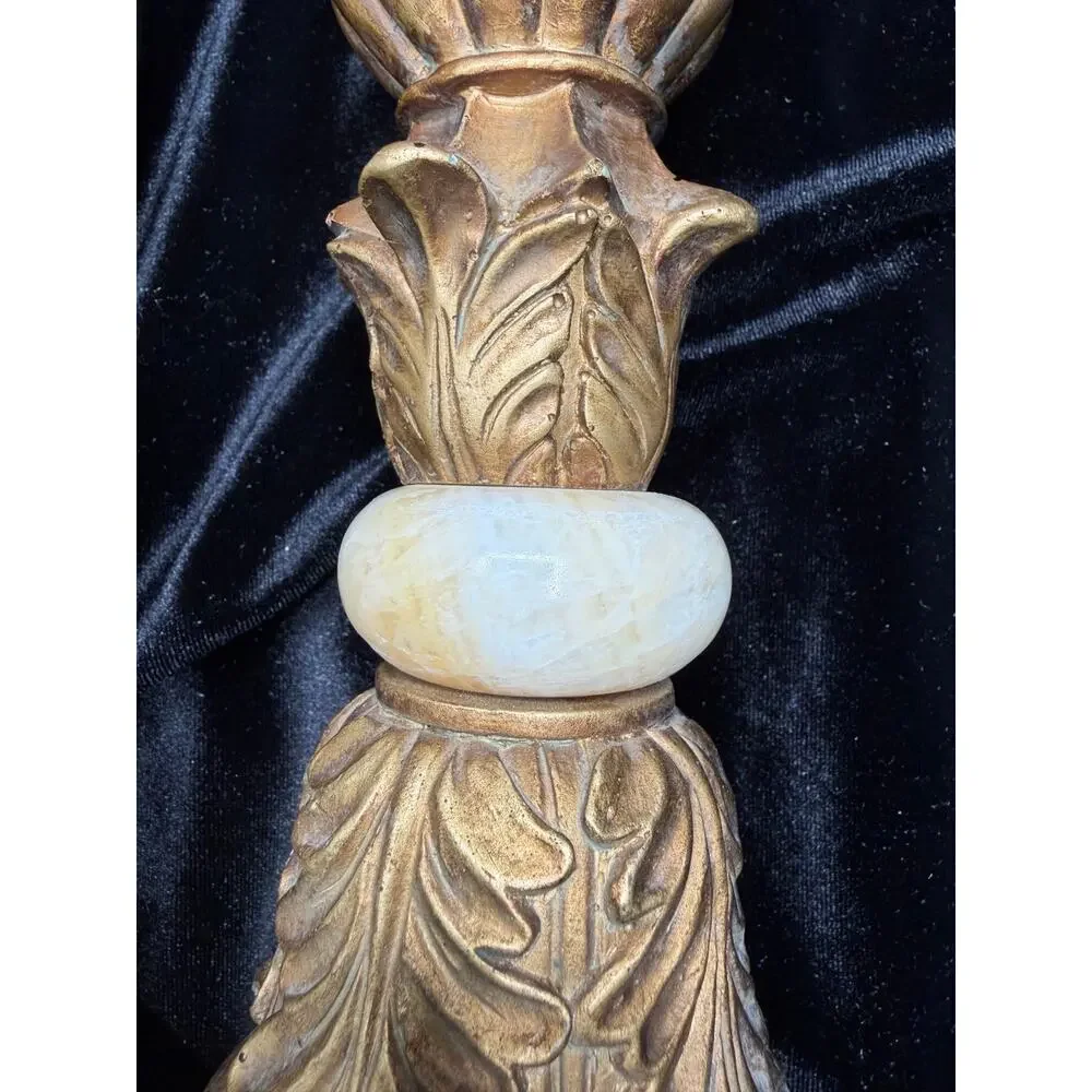 Vintage Stone & Gilt Resin Candlestick Set French Country Decor